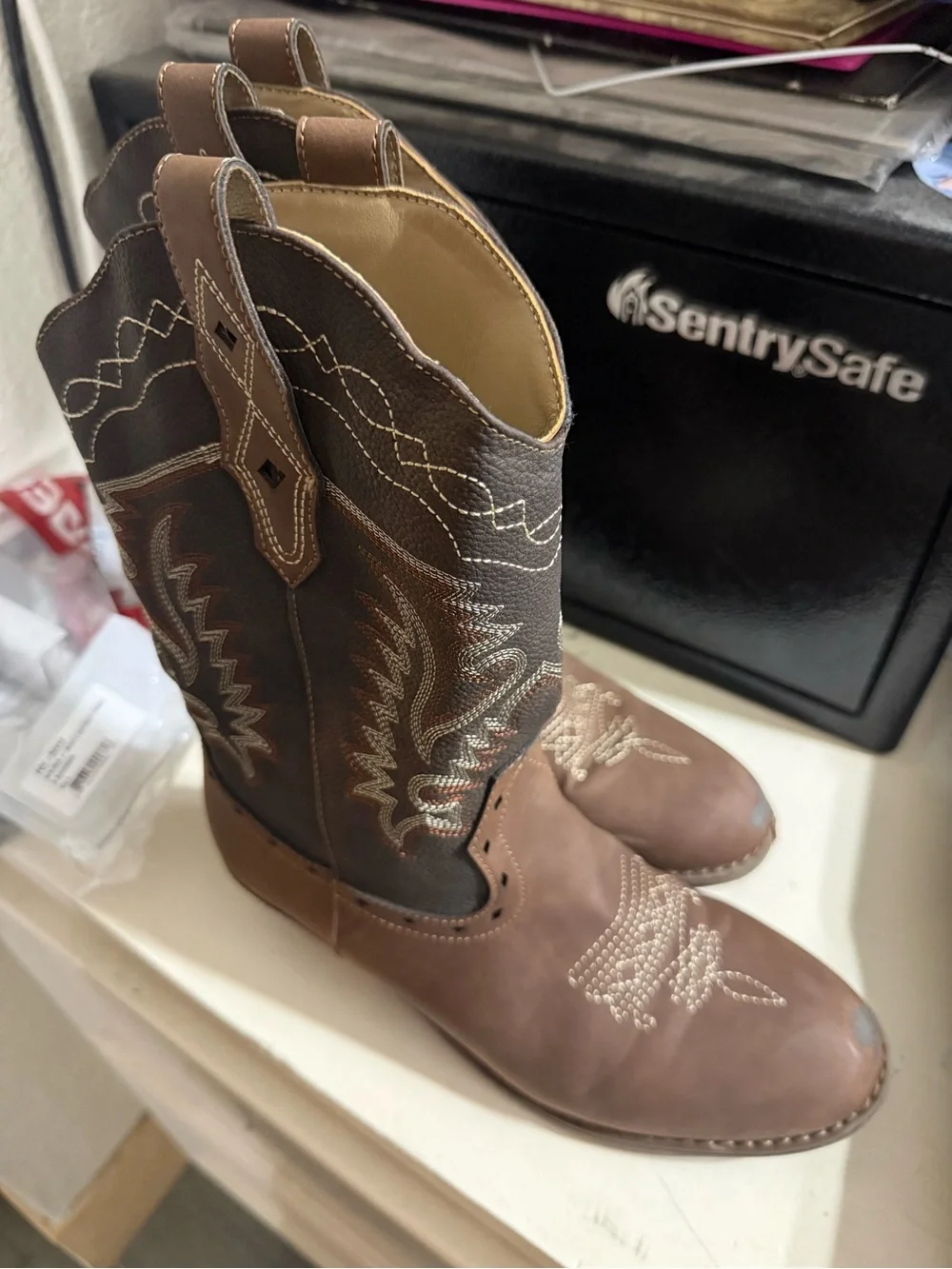 Brown Western Kids Cowboy Boots with Embroidered Shaft
